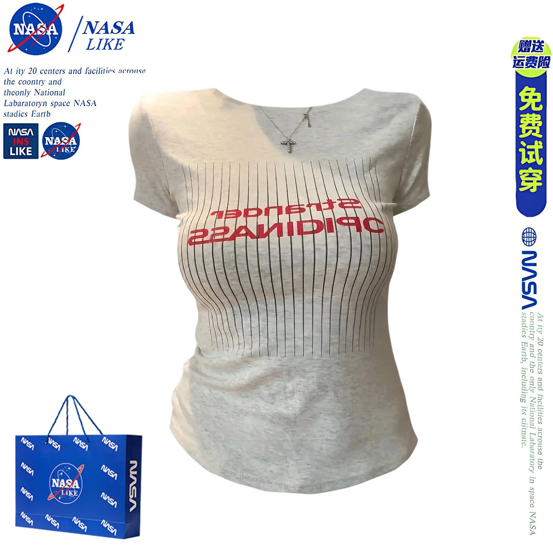 NASA美式辣妹字母印花圆领短袖T恤女夏季设计感收腰修身显瘦上衣