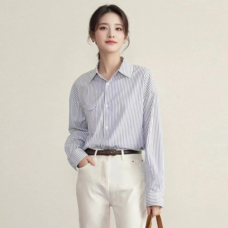 时尚蓝色条纹衬衫洋气长袖气质宽松新款欧若风衬衣小众爆款上衣