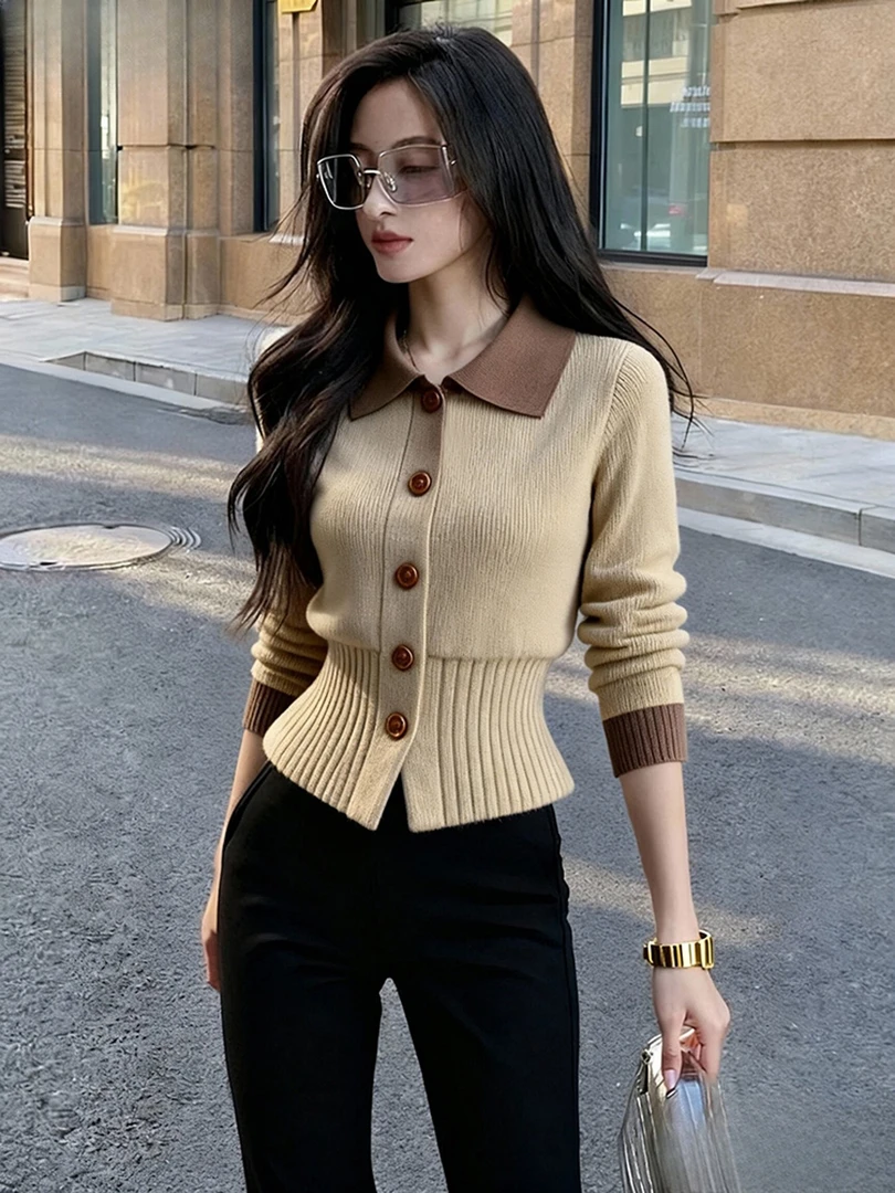 超好看时尚卡其色翻领针织开衫女纽扣修身显瘦百搭气质毛衣外套