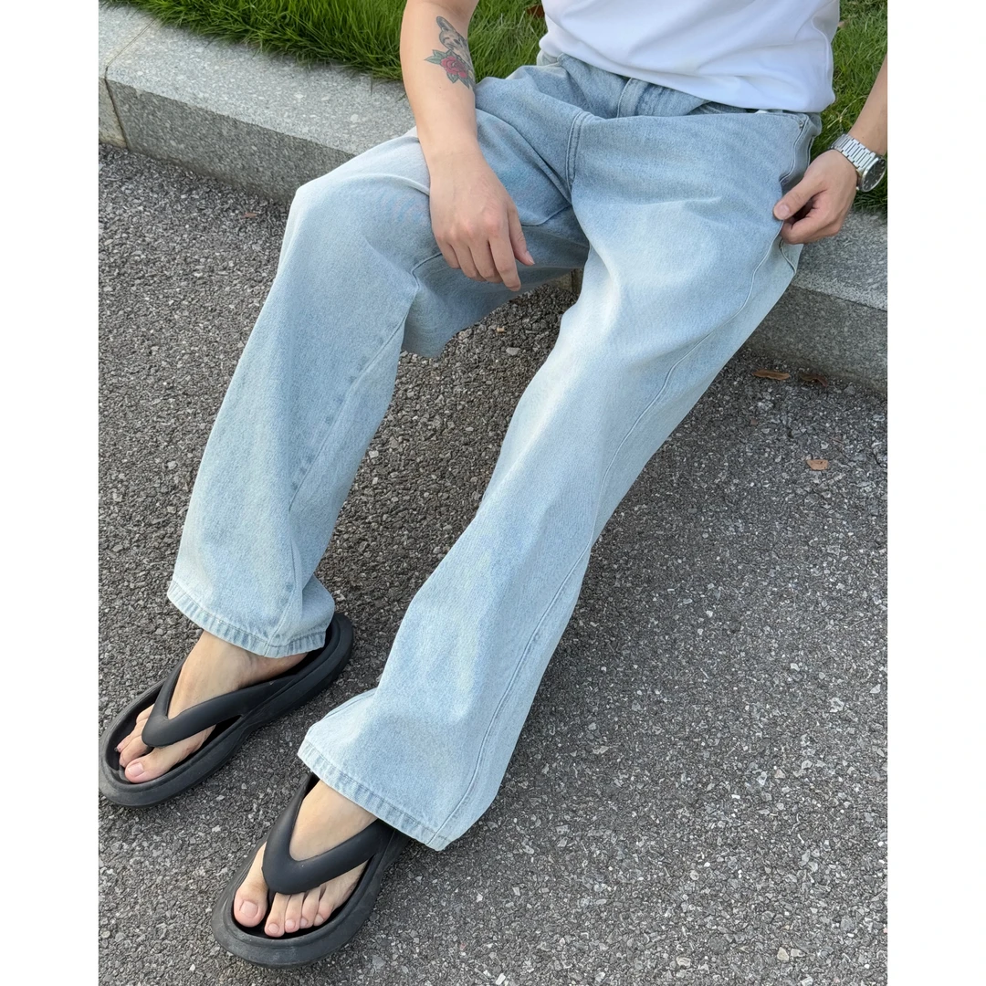25SS夏季新款透气浅色蓝牛水洗宽松直筒男士牛仔裤