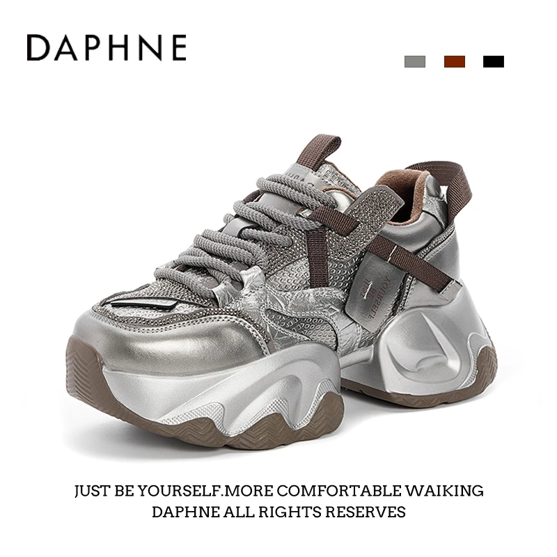 达芙妮运动鞋女2025冬季新品百搭加绒棉鞋厚底增高系带老爹鞋