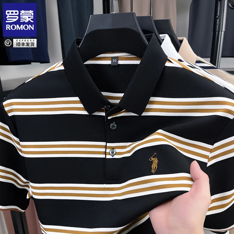 罗蒙夏季薄款速干棉质短袖条纹百搭中年T恤男翻领绣花时尚POLO衫