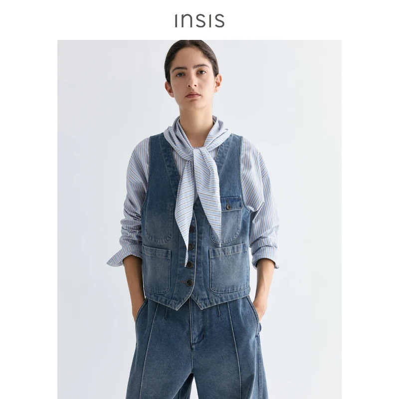 【INSIS FEMME】noundnound复古多口袋休闲V领牛仔马甲女25早秋新款