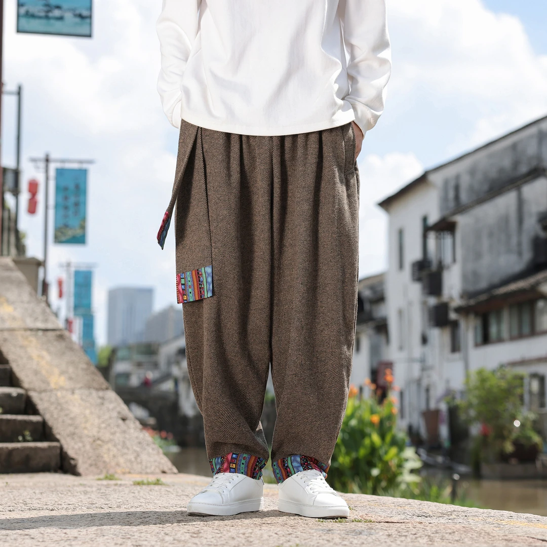 中国风印花毛呢休闲哈伦裤男秋冬季新中式大码肥佬宽松高级感长裤