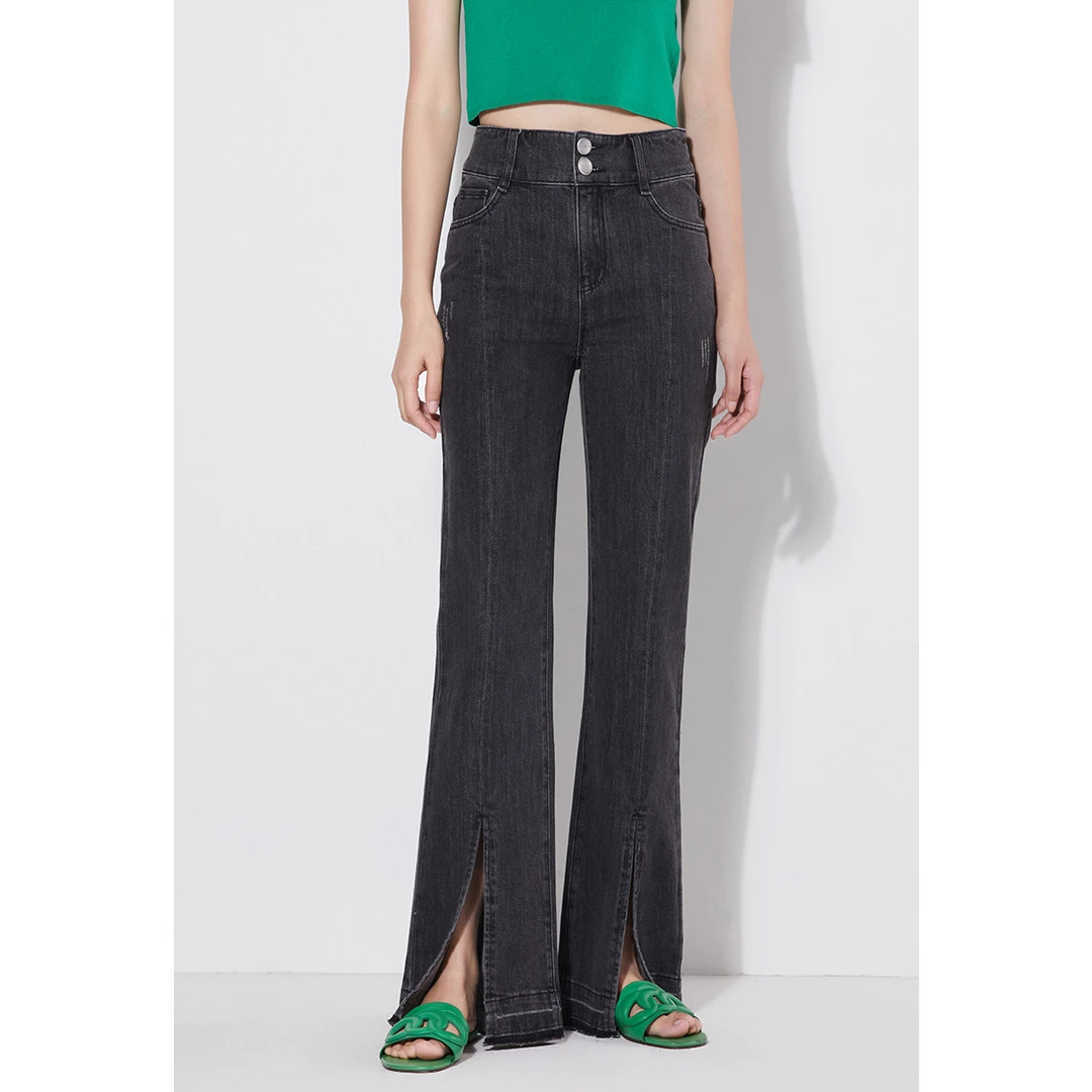 【小春子】复古高腰双扣牛仔裤夏季阔腿裤开叉磨白牛仔长裤