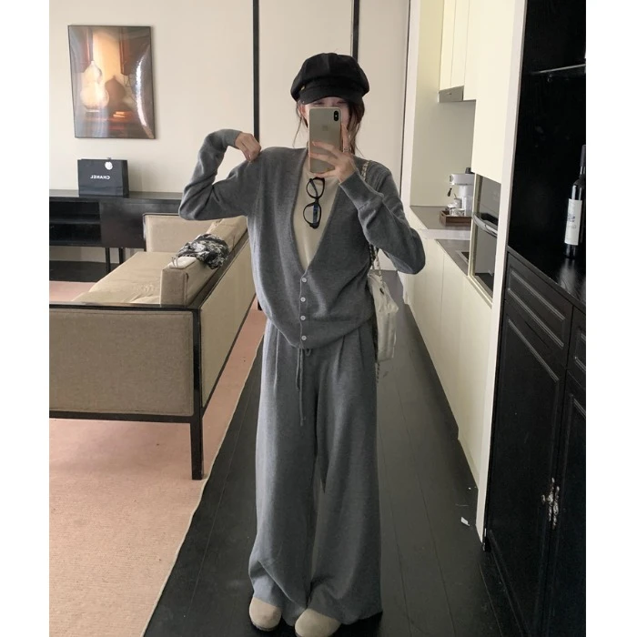 休闲慵懒风套装灰色假两件毛衣针织开衫女装秋季阔腿裤长裤两件套