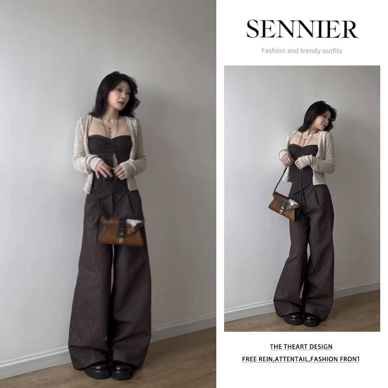 韩系穿搭2025早秋新款长袖针织开衫修身抹胸内搭显瘦阔腿裤三件套