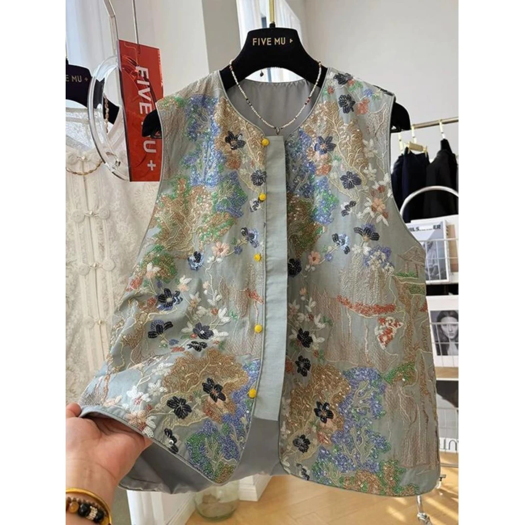 加大码300斤新中式重工刺绣亮片马甲男装2025春夏新款背心外套潮2