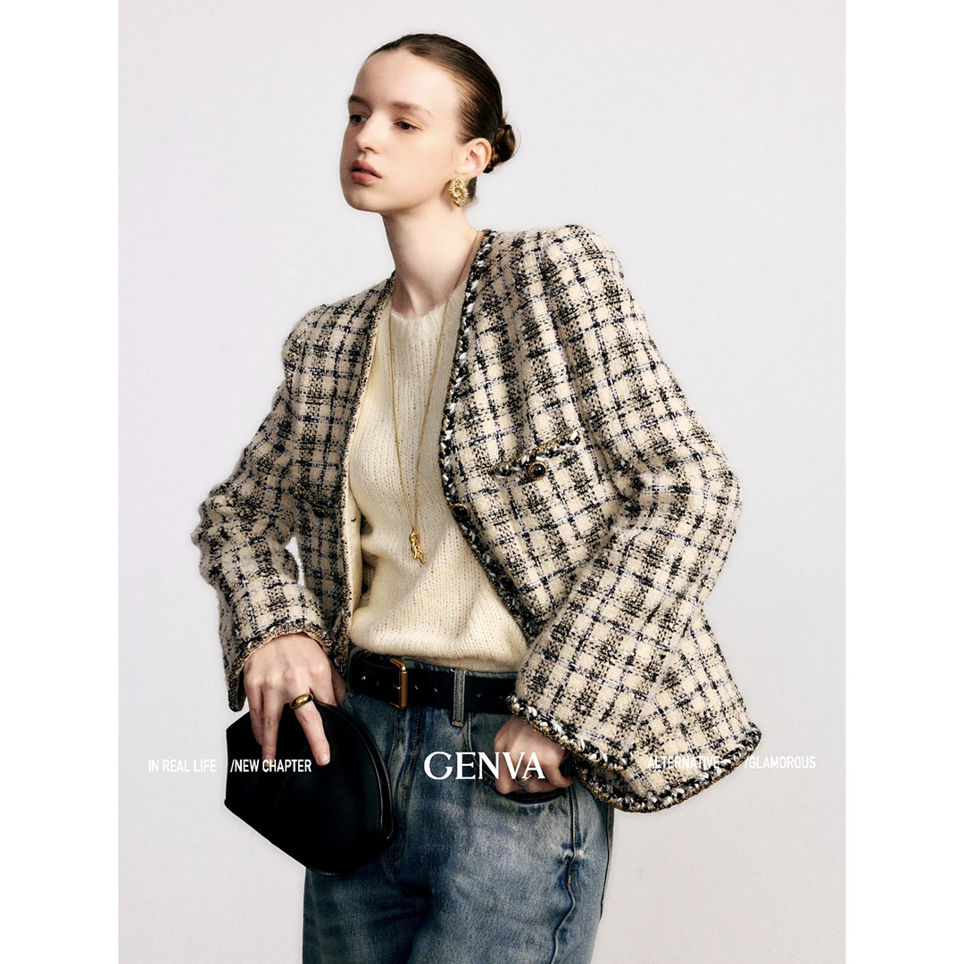 玖着'拉斐尔'意大利矜贵ITB双C同款羊毛马海毛格纹深V领香风外套