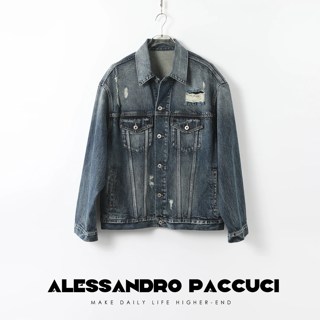 【孤品不退换】洛哥25815X赛络纺定染棉不规则破洞雅痞复古牛仔外套