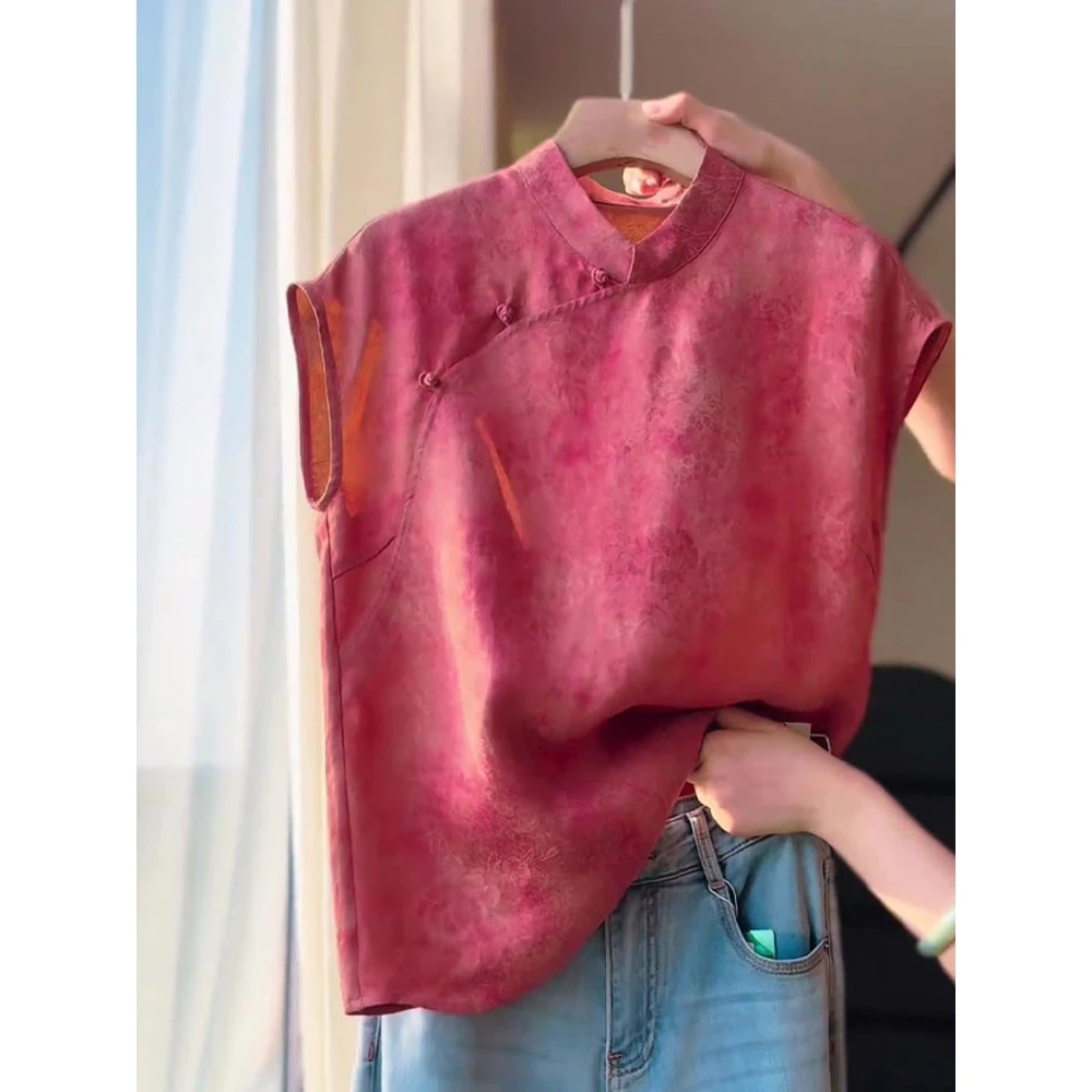 洋气国风粉色无袖女2025年夏季新款宽松百搭舒适显白漂亮大码上衣