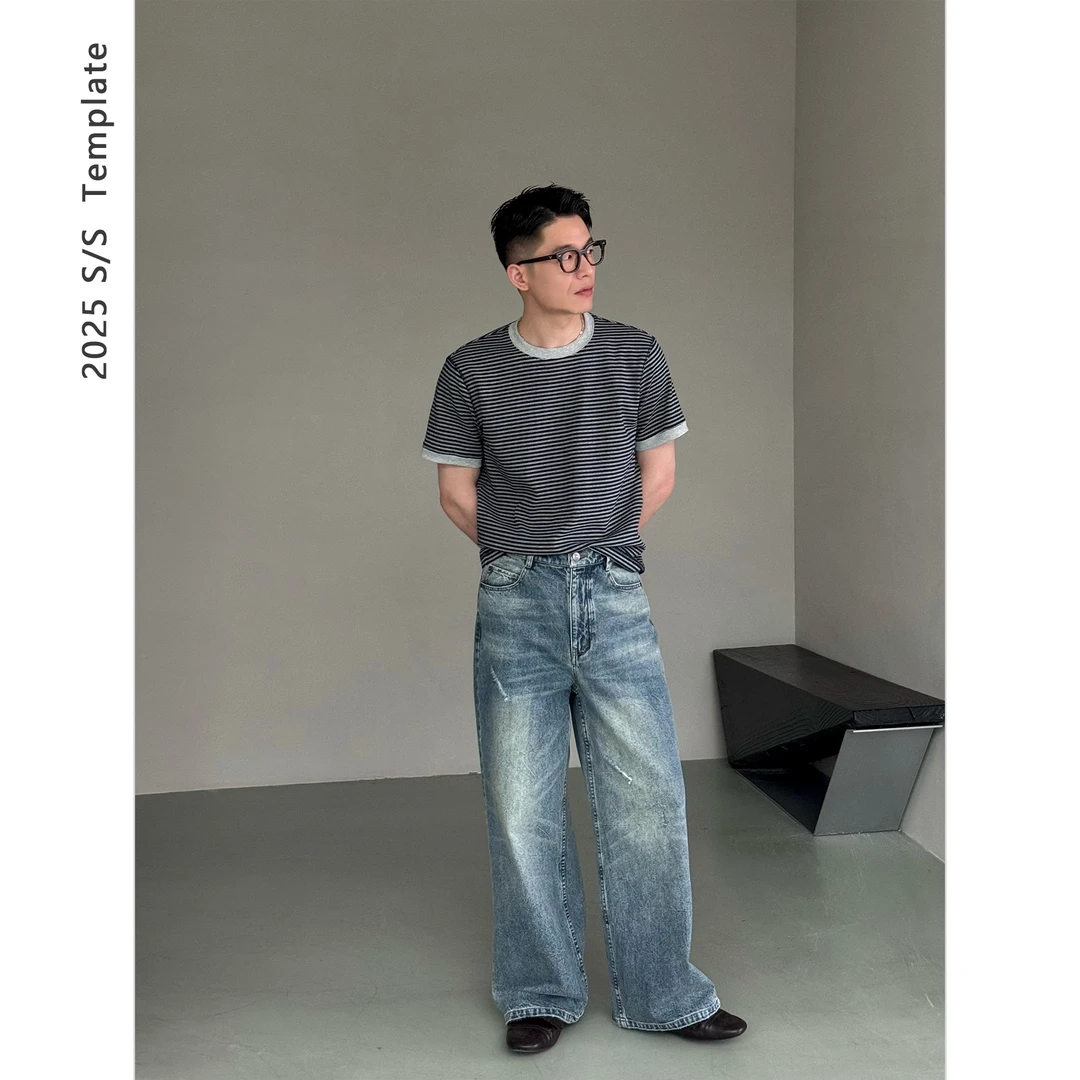 DUPU CONTRACTED 270g复古时髦罗纹针织素材正肩微宽条纹短袖TEE