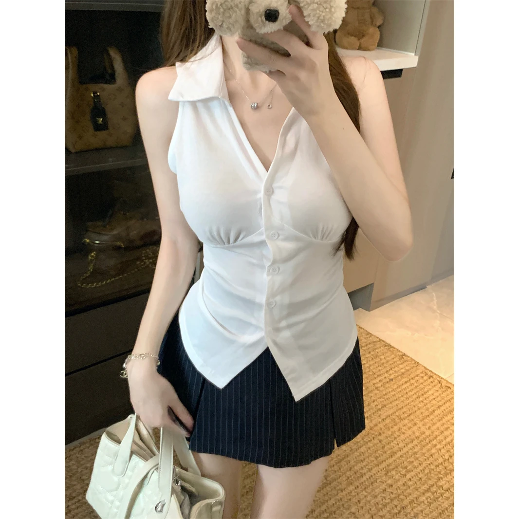 温婉大方衣服翻领背心吊带女装夏季修身显瘦小衫独特漂亮无袖上衣