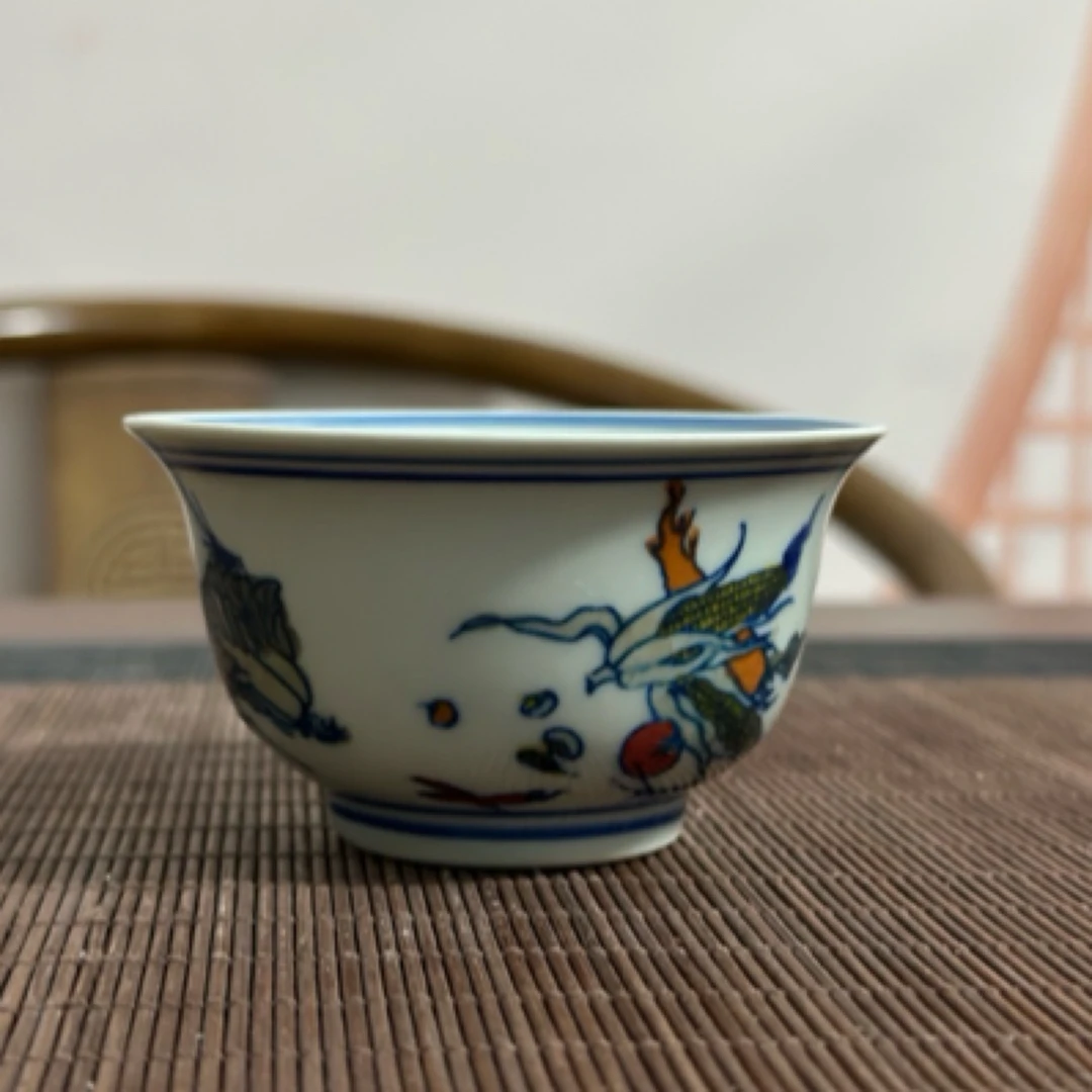 景德镇陶瓷绿稀土白菜柿子图压手杯手工手绘创意茶杯瓷器主人杯