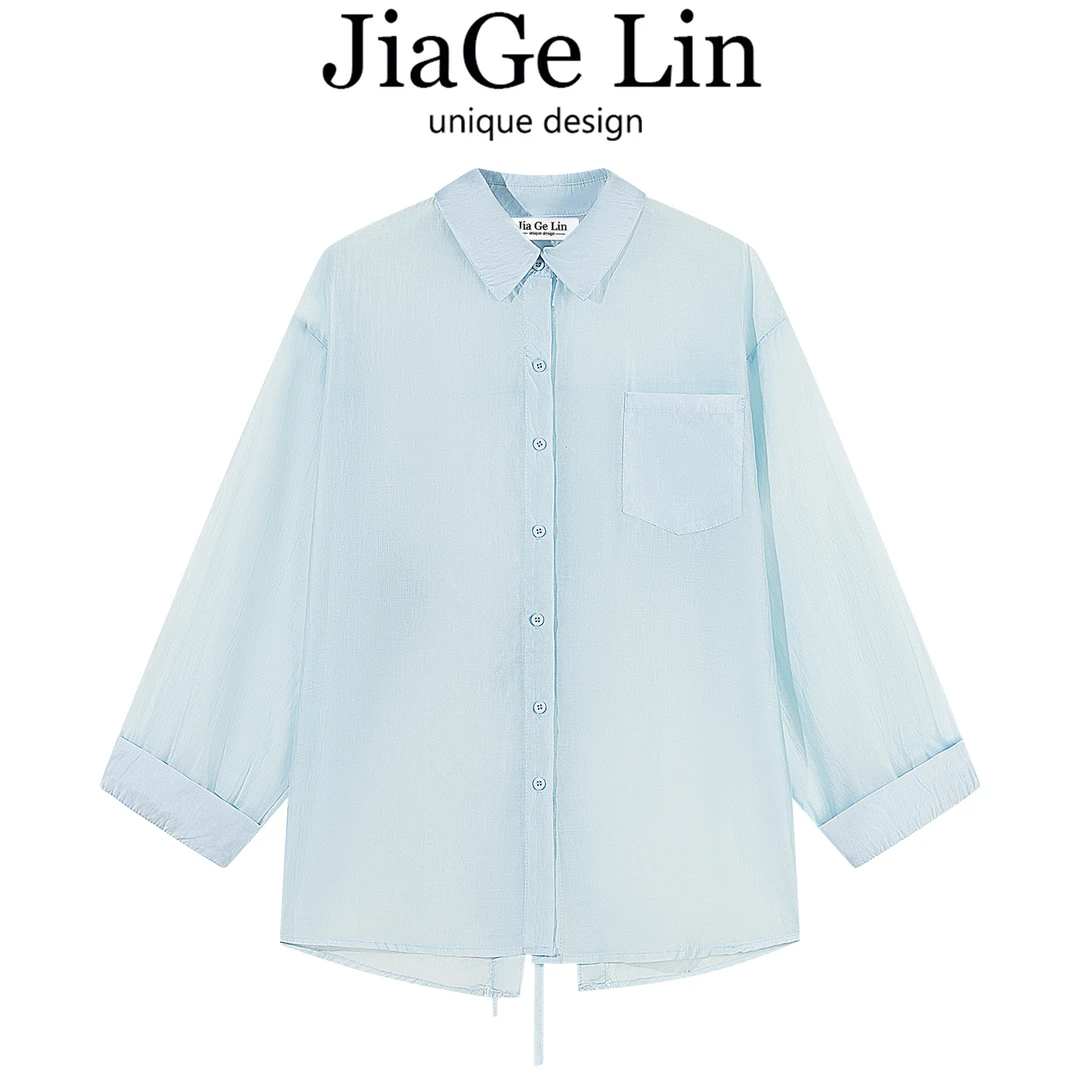 JiaGeLin韩系时尚设计感后开叉系带蕾丝衬衫女士夏季宽松长袖上衣