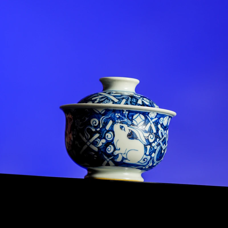 UY古窑御器柴烧反青花兔纹葫芦二才盖碗