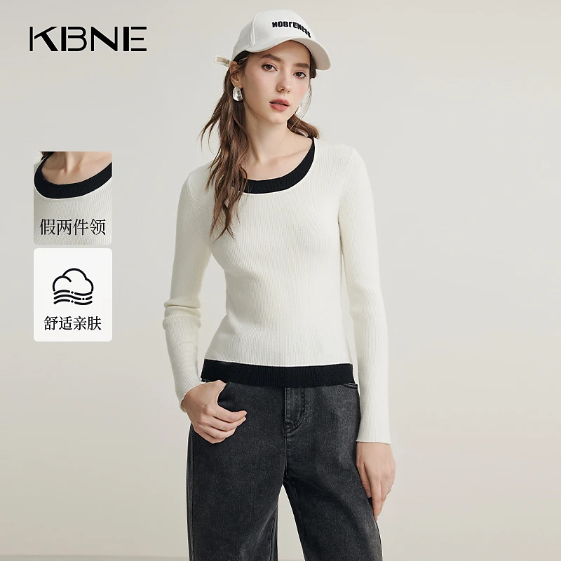 KBNE针织打底衫女内搭爆款2025新款修身洋气撞色假两件针织衫上衣