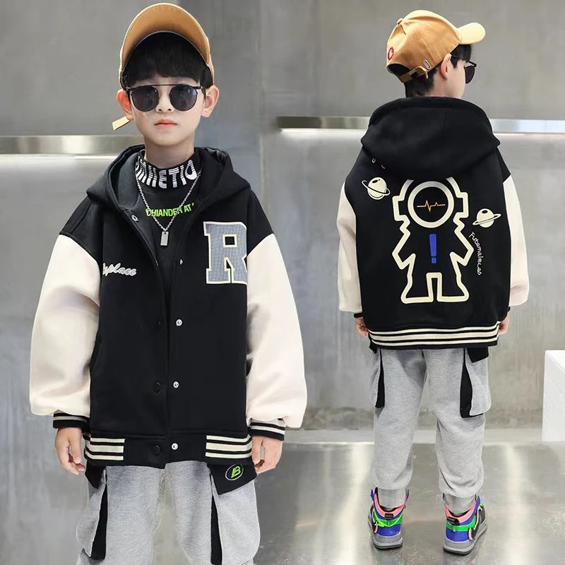 502154童装男童外套2025春儿童连帽棒球服潮酷外搭男孩帅气上衣潮