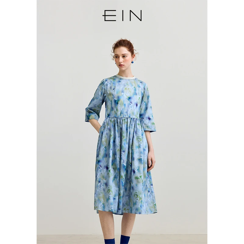 EIN/言【商场同款】琉光棱荚印花圆领棉长袖连衣裙25早春款女装