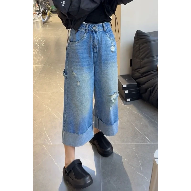 艾塔莉八分破洞牛仔裤女夏季新款设计感直筒老爹裤梨形大码阔腿裤