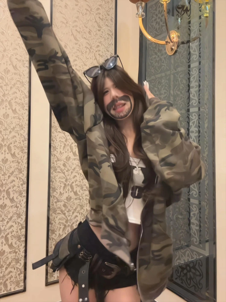 美式复古高街迷彩开衫连帽卫衣女春秋2025新款oversize情侣装外套