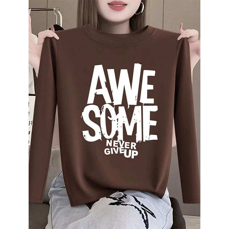 咖啡色正肩磨毛长袖t恤女2025新款时尚设计感加厚内搭上衣春秋季