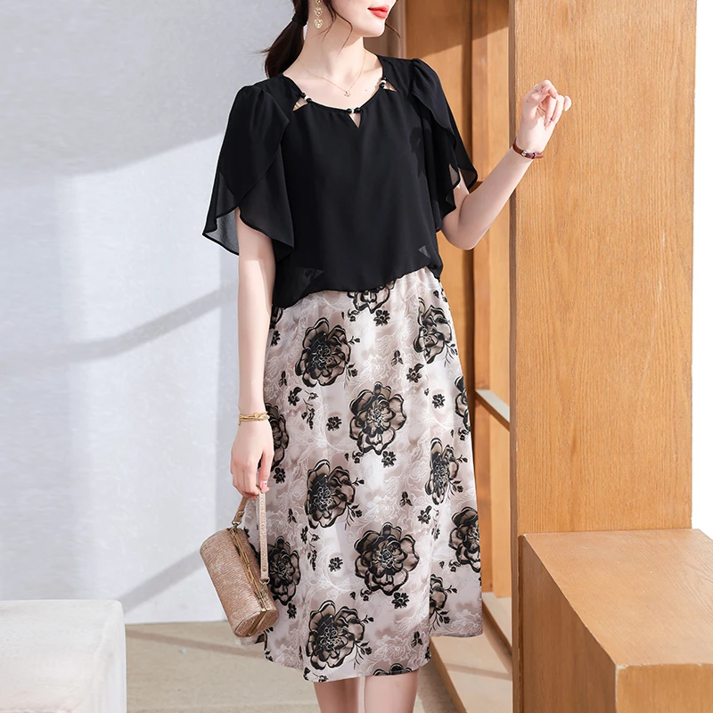 妈妈连衣裙夏季2025新款洋气50岁中老年女装雪纺短袖碎花裙薄长裙