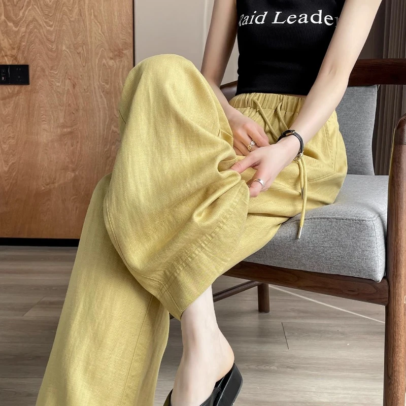 冰丝阔腿裤女夏薄款2025新款垂感棉麻莱赛尔天丝亚麻苎麻黄色裤子