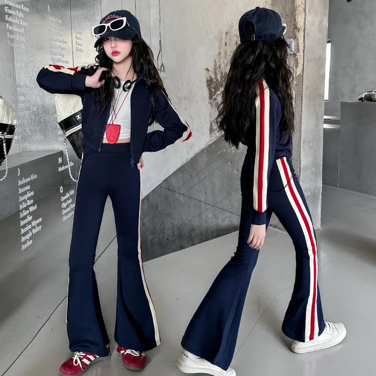 女童套装春季2025新款女大童喇叭长裤女孩儿童春装运动休闲两件套