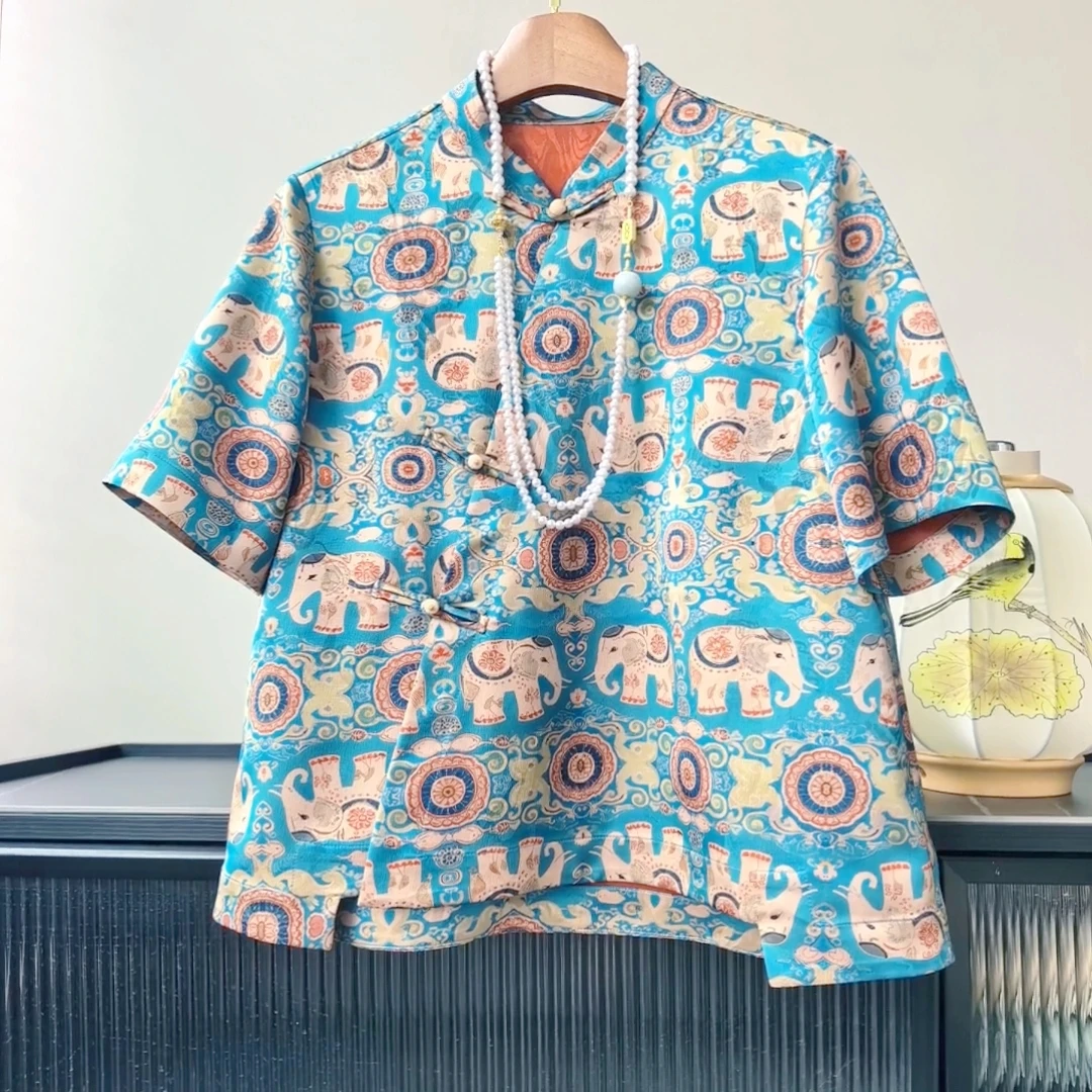 【万事吉象】短袖立领休闲夏装常规款清凉感斜襟