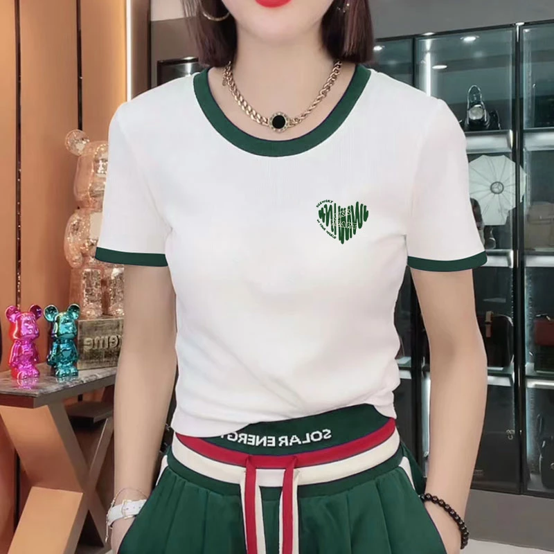 婳娇撞色色领设计感夏季新款女装t恤百搭洋气2025年欧货短袖上衣