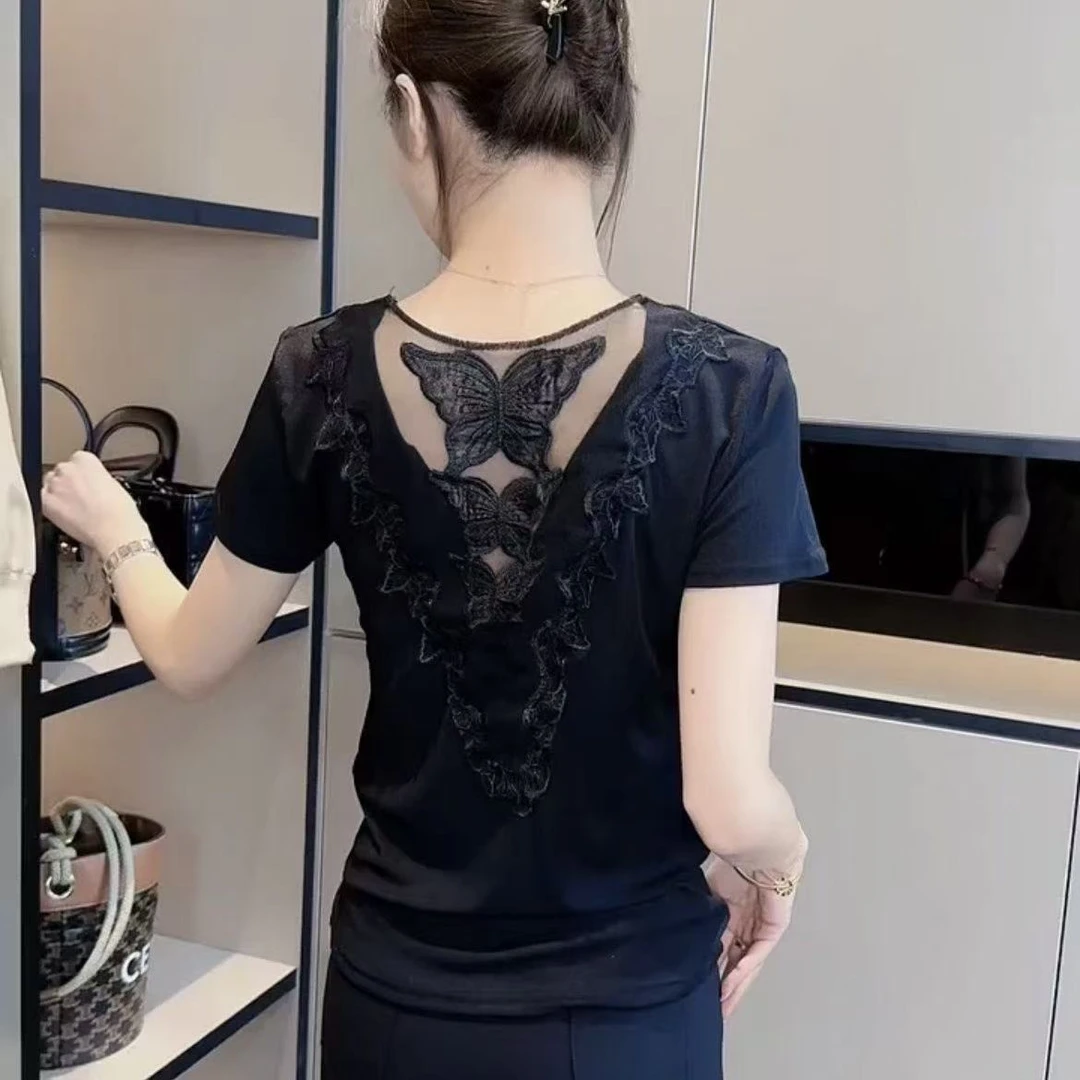 2025新款短袖T恤镂空性感美背设计修身显瘦夏季时尚高弹半袖S
