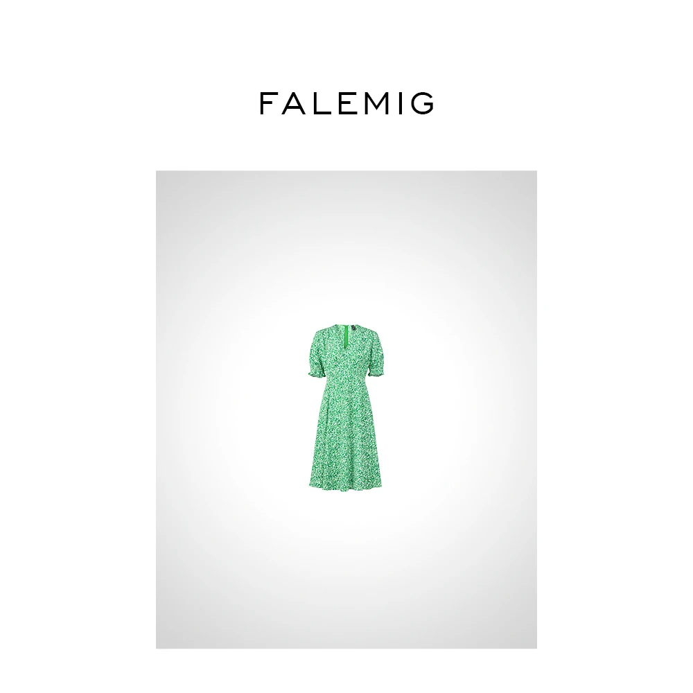 FALEMIG-DF系列法式V领顺垂泡泡袖碎花茶歇连衣裙2色