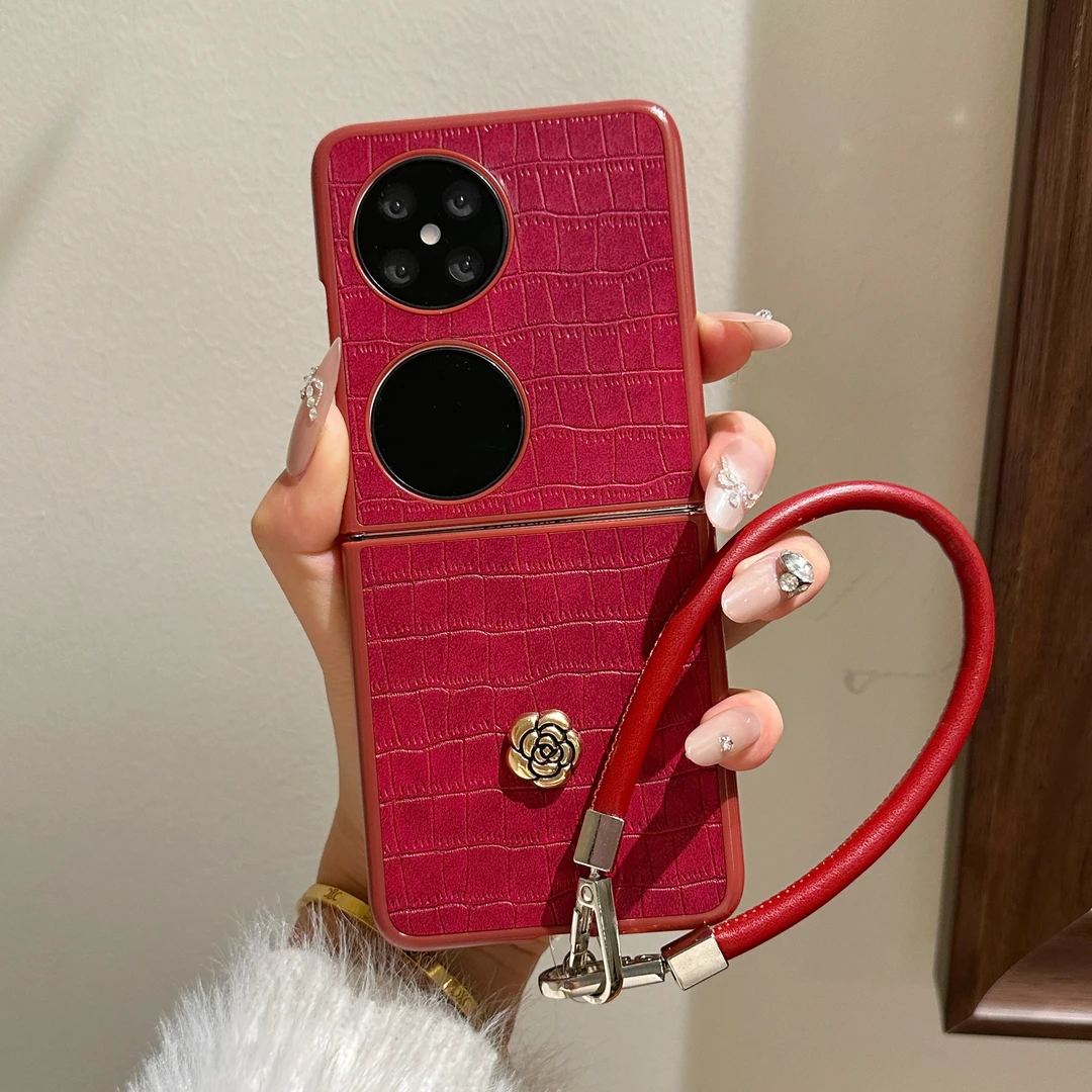 适用华为pocket2酒红鳄鱼皮纹山茶花oppo小米荣耀三星折叠手机壳