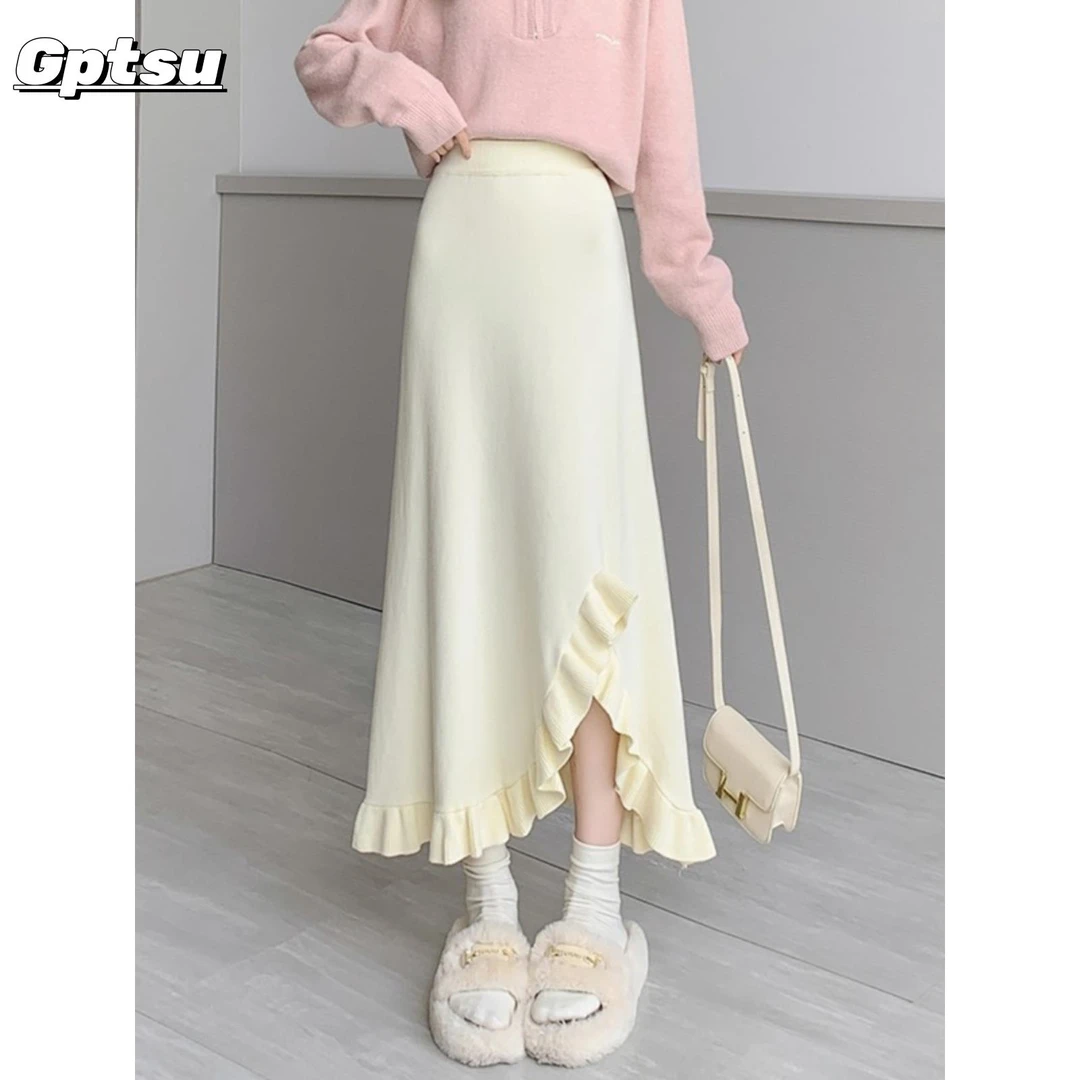 GPTSu糯米针织木耳边鱼尾半身裙女秋冬款高腰遮胯梨型开叉包臀裙