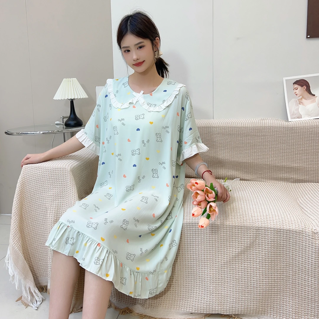 夏季薄款新款娃娃领睡衣时尚高级感棉绸长款家居服学生大码睡裙