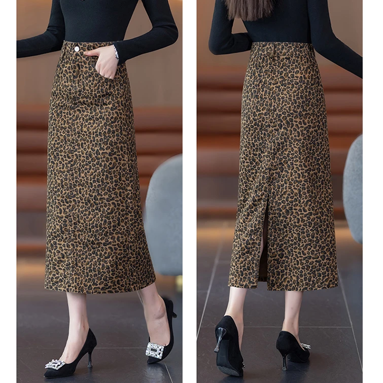 辣妹显瘦修身开叉包臀长裙早秋冬季高腰牛仔半身裙女咖色豹纹气质