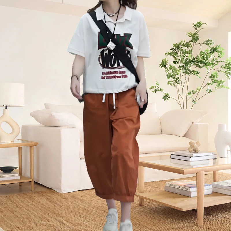 2025夏季宽松时尚休闲裤套装新款翻领字母印花短袖T恤显瘦两件套