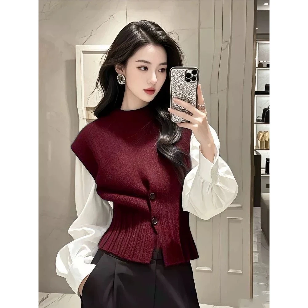 YS#【单/两件套】设计感打底针织衫女百搭马甲毛衣+衬衫上衣DY11949