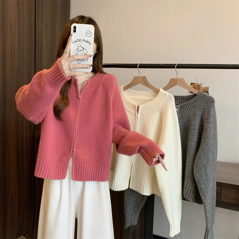 大码女装2025秋冬季新款时尚宽松简约拉链长袖上衣毛衣007