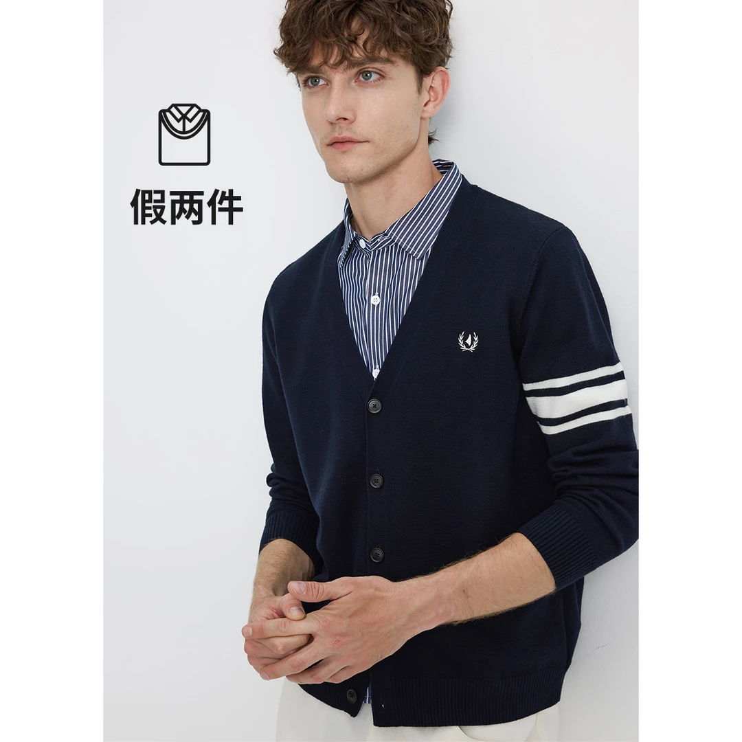 [假两件]navigare意大利小帆船衬衫领条纹针织衫男秋冬百搭上衣