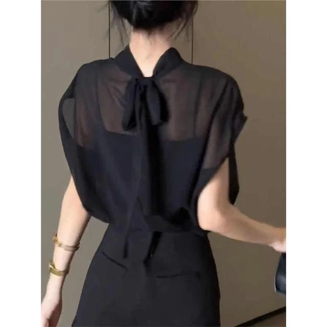 2025夏季新款女士黑色蝴蝶结绑带雪纺薄衬衫时尚气质立领短袖上衣