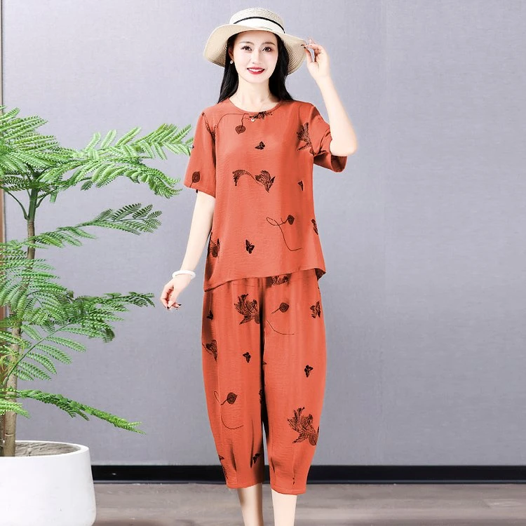 妈妈装夏季新款时尚休闲百搭中老年女中年宽松短袖洋气套装两件套
