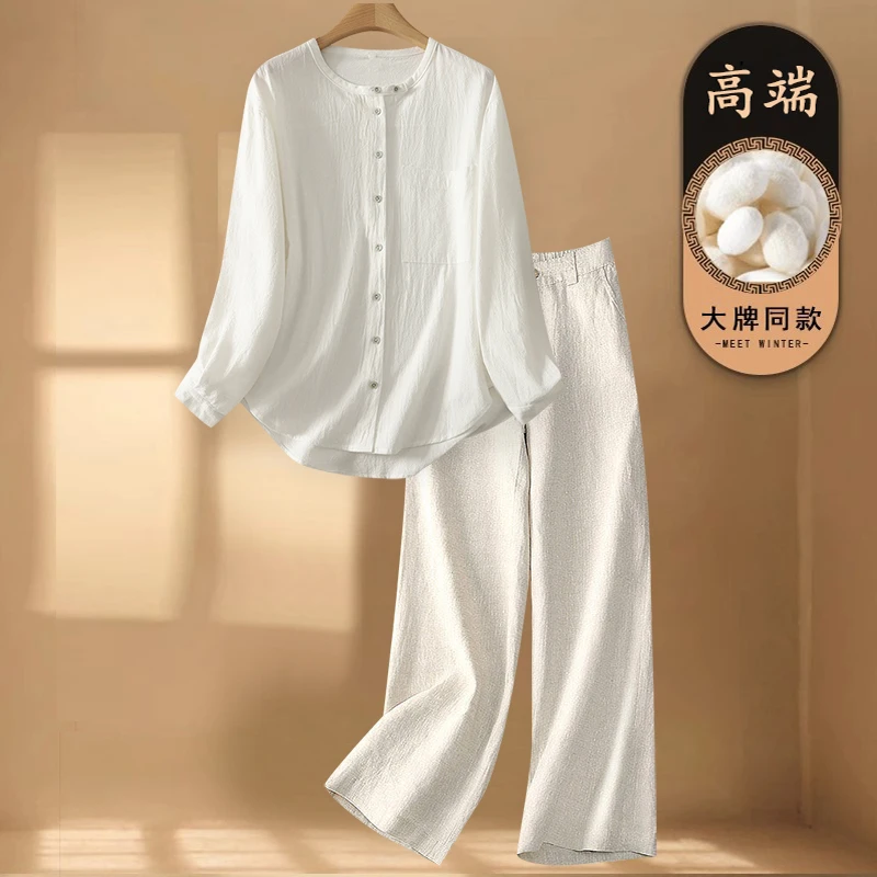 妈妈早秋季时尚苎麻套装女高端洋气亚麻圆领衬衫休闲阔腿裤两件套