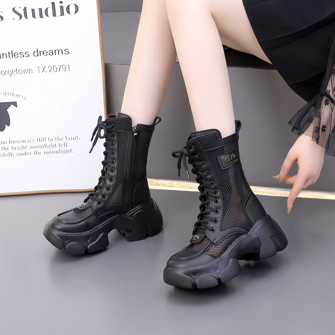 中筒网纱马丁靴女2025夏季新款镂空透气小个子凉靴高跟厚底网靴子