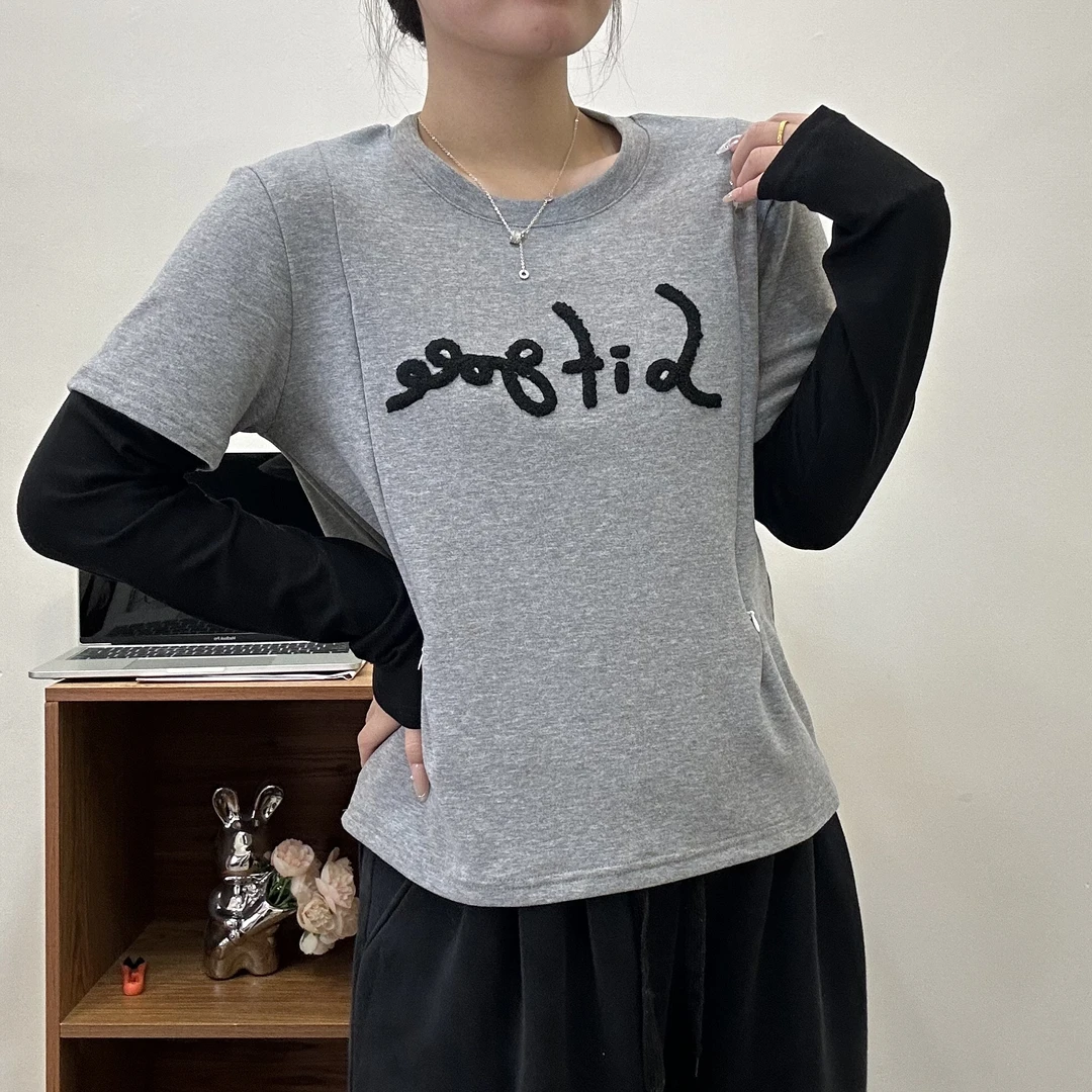秋冬哺乳外穿内搭圆领刺绣休闲短袖拼接长袖假两件T恤喂奶上衣