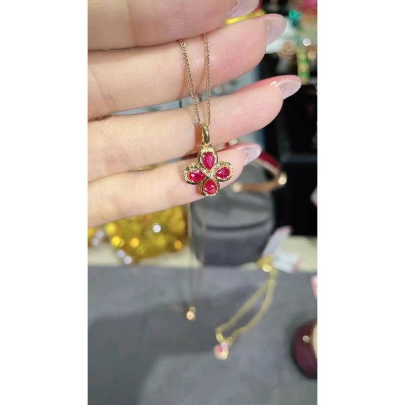 18K金镶嵌天然无烧红宝石吊坠四叶草款（不含链）K黄