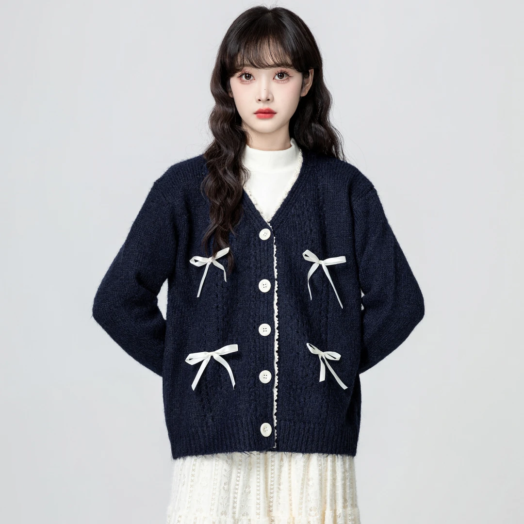 藏蓝色V领毛衣外套女春秋2025秋季新款蝴蝶结针织衫开衫软糯上衣