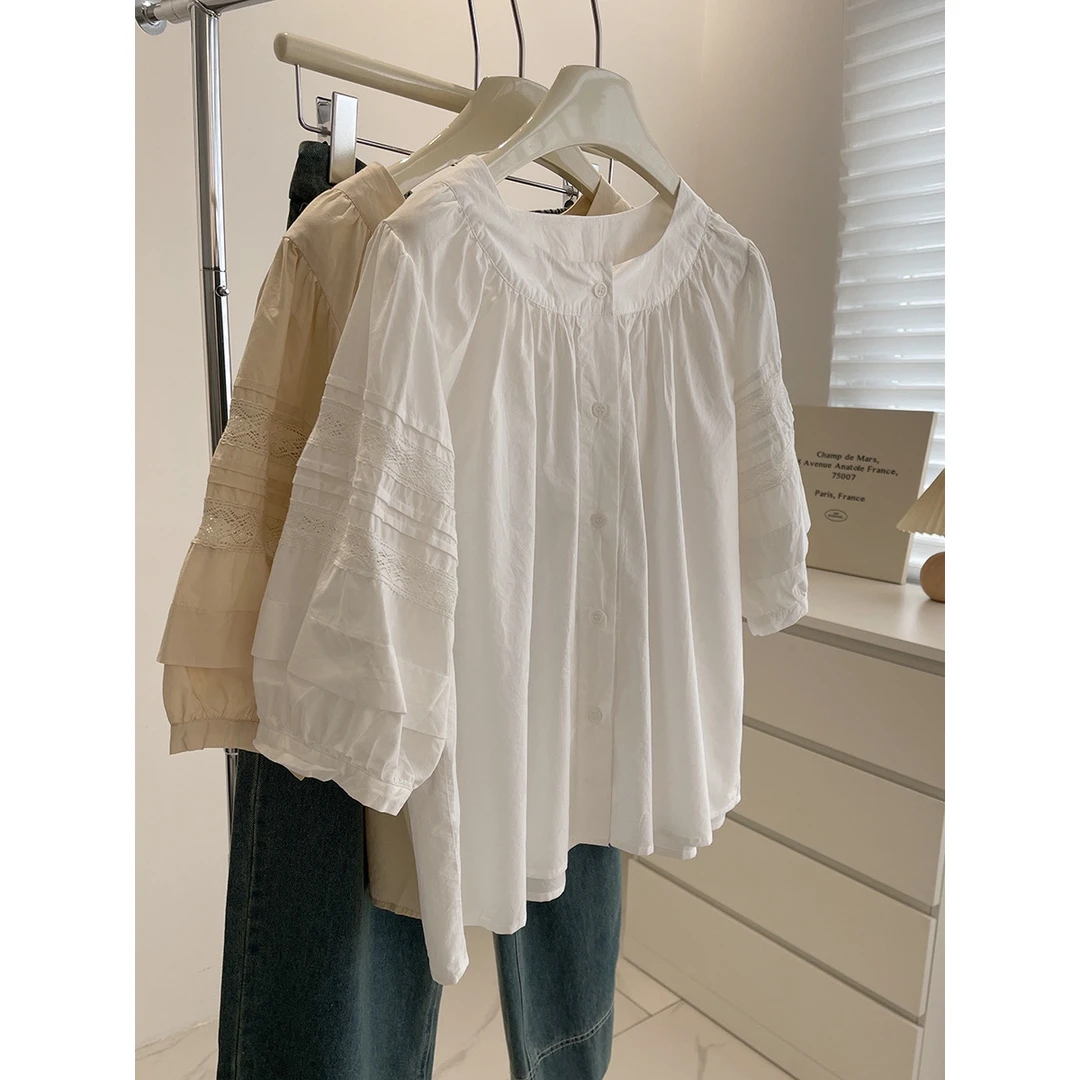 温柔风~韩系圆领泡泡袖衬衫女！夏季百搭雷丝拼接中袖小衫娃娃衫