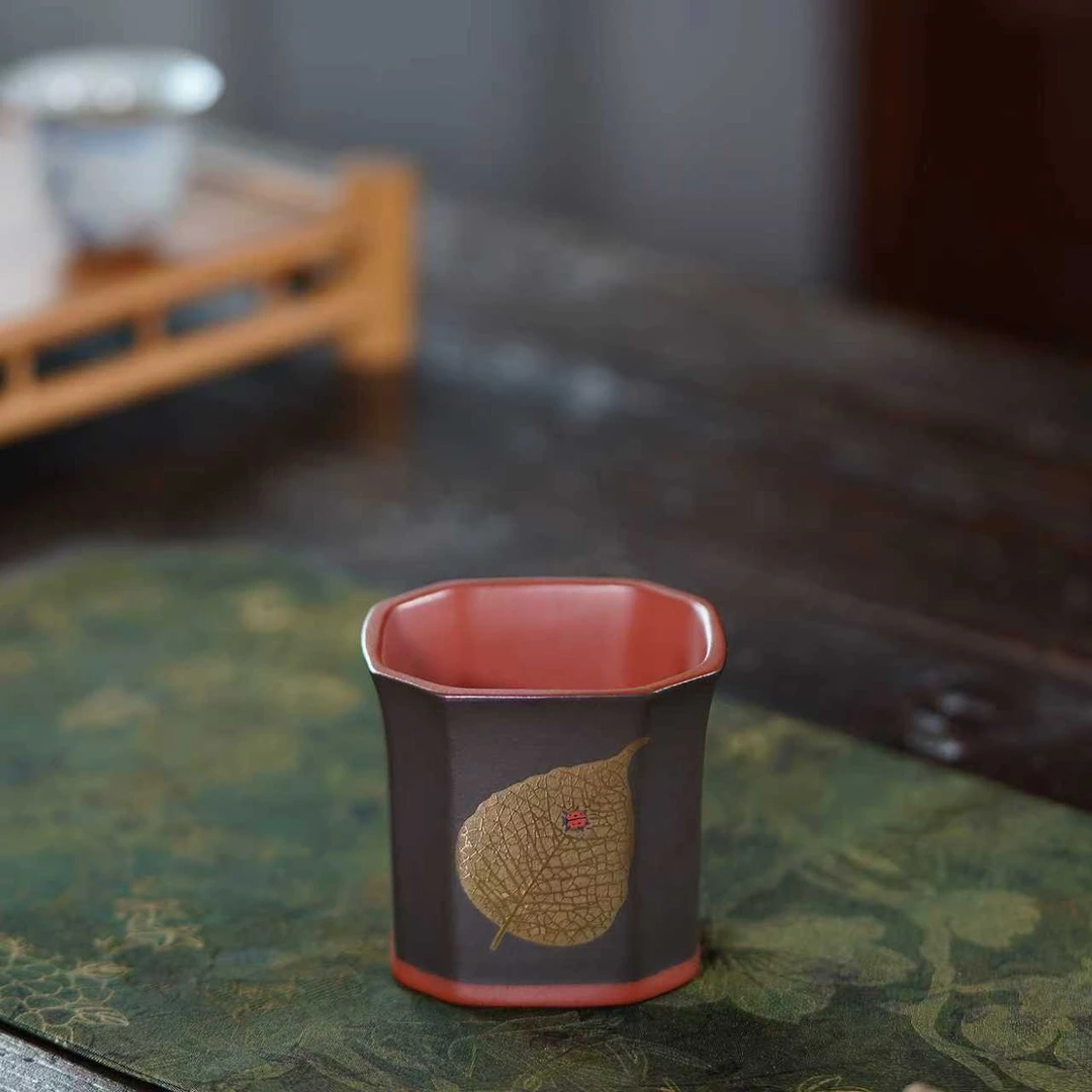 24K金葉天青泥雙色粉漿八方朱泥主人杯130毫升